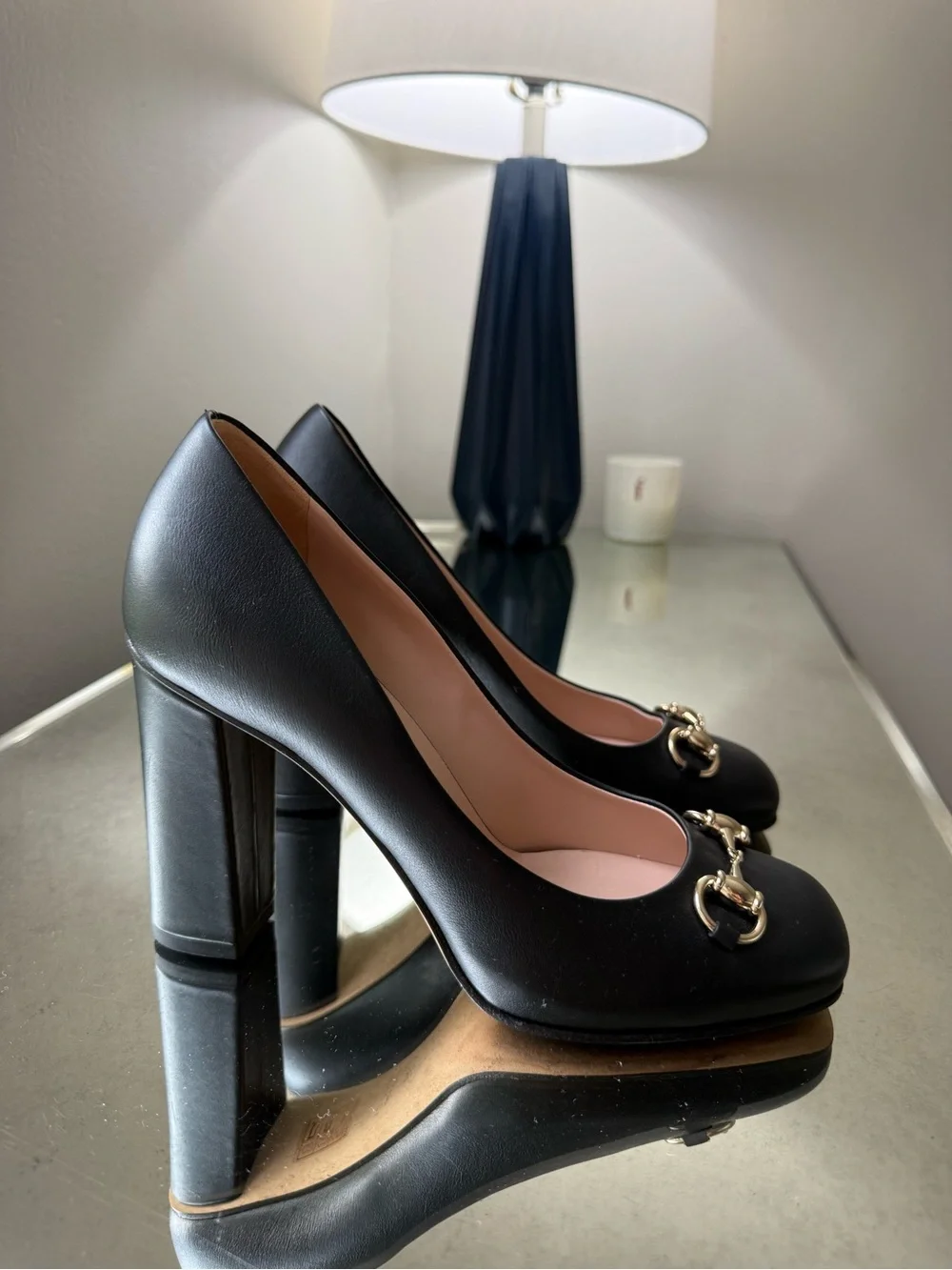 Gucci Black Leather Block Heel Pumps with Gold Horsebit , Size 7.5 ( 38) - Picture 5 of 9
